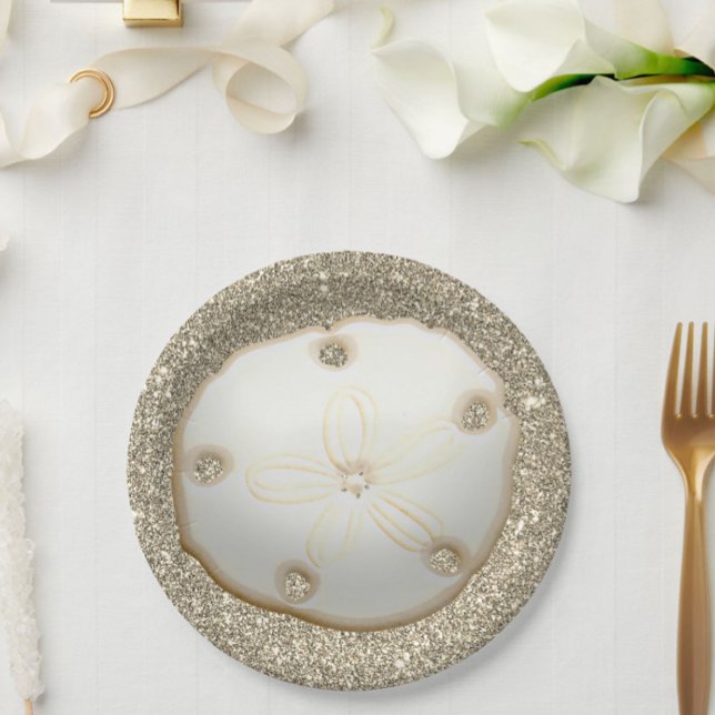 Sand dollar on sparkly gold beach sand paper plates (Creator Uploaded)