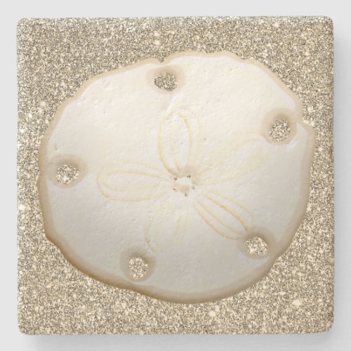 Sand dollar on sparkly gold beach sand stone coaster