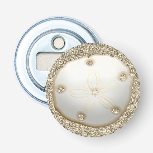 Sand dollar on sparkly gold look beach sand  bottle opener (Front)