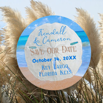Sand Dollar Round Save The Date Cards by sandpiperWedding at Zazzle