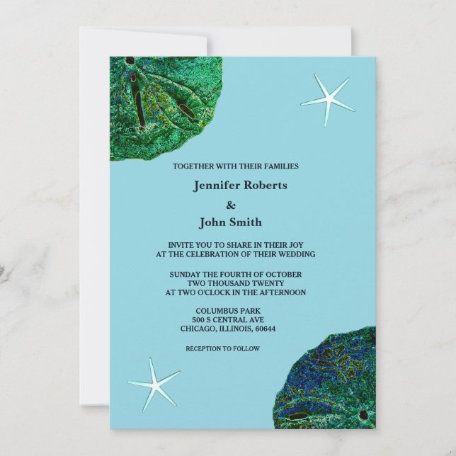 Sand Dollar Sanddollar Beach Starfish Blue Wedding Invitation (Front)
