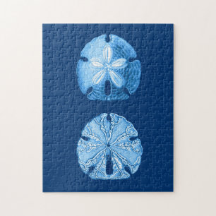 Sand Dollar Sea Life Print, Indigo Blue and White Jigsaw Puzzle