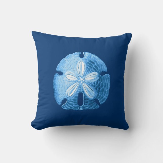 Sand Dollar Sea Life Print, Indigo Blue and White Throw Pillow (Front)