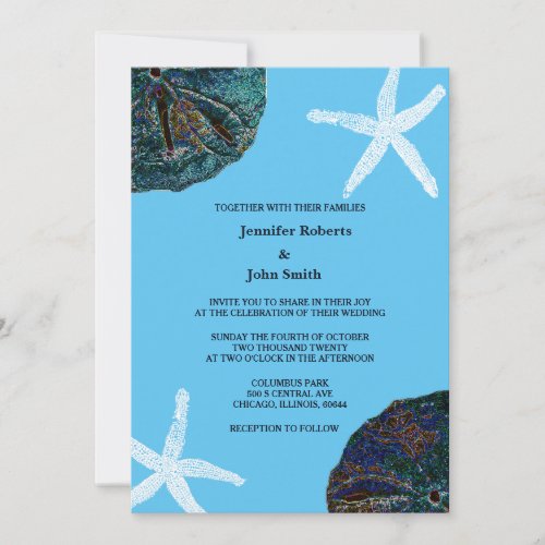 Sand Dollar Sea Shells Abstract Blue Beach Wedding Invitation