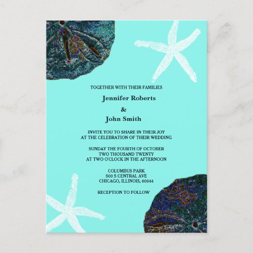 Sand Dollar Sea Shells Teal Abstract Beach Wedding Invitation Postcard