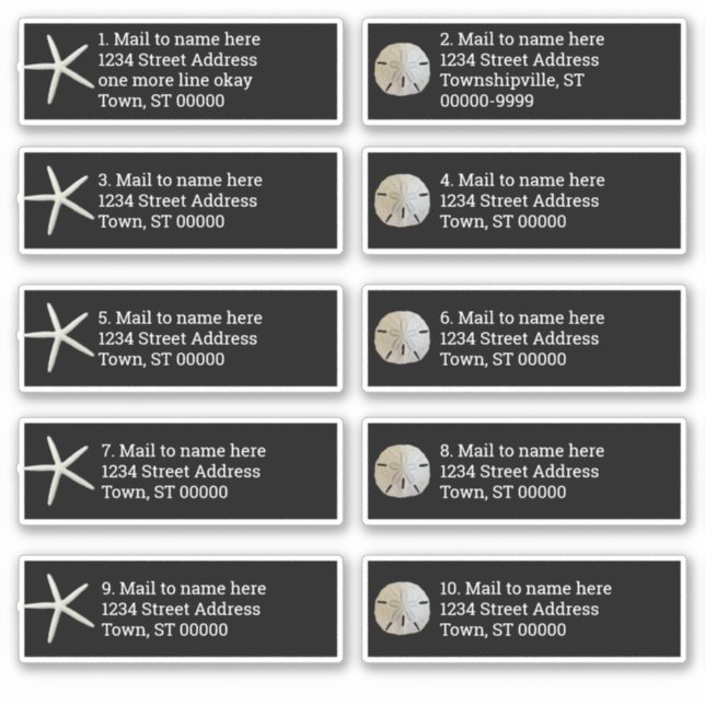 Sand Dollar Sea Stars Black Individual Mailing Sticker (Front)