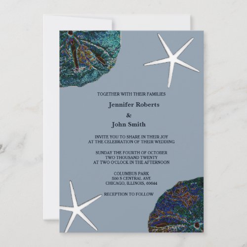 Sand Dollar Seashell Art Dusty Blue Beach Wedding Invitation