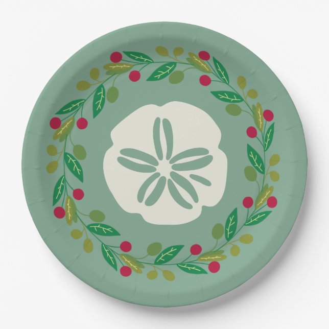 Sand Dollar Seashell Christmas Wreath Paper Plates (Front)
