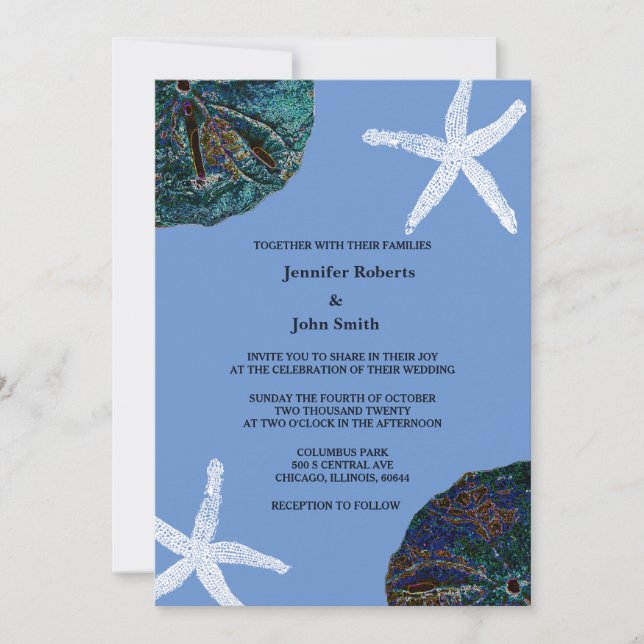 Sand Dollar Seashell Cornflower Blue Beach Wedding Invitation (Front)