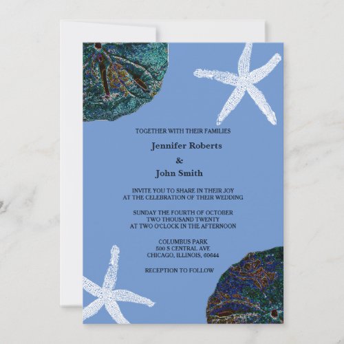 Sand Dollar Seashell Cornflower Blue Beach Wedding Invitation