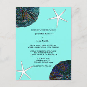 Sand Dollar Seashells Teal Abstract Beach Wedding Invitation Postcard