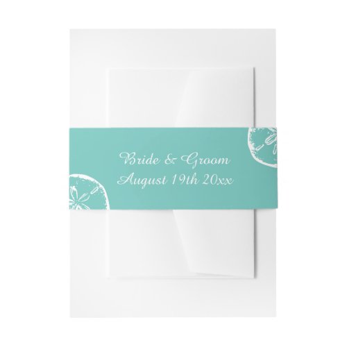 Sand dollar shell teal and white beach wedding invitation belly band