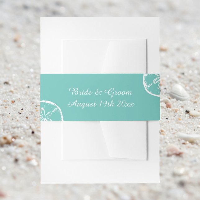 Sand dollar shell teal and white beach wedding invitation belly band (beach wedding invitation belly band)
