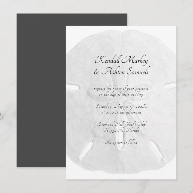 Sand Dollar Simple Neutral Black and White Wedding Invitation (Front/Back)