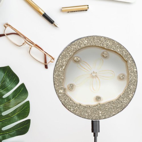 Sand dollar sparkly gold beach sand glitter look wireless charger 