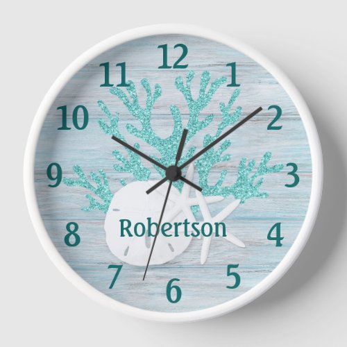 Sand Dollar Starfish Coastal Beach Wood Name Clock