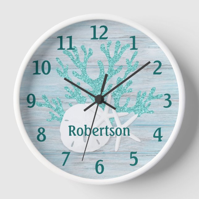 Sand Dollar Starfish Coastal Beach Wood Name Clock (Front)