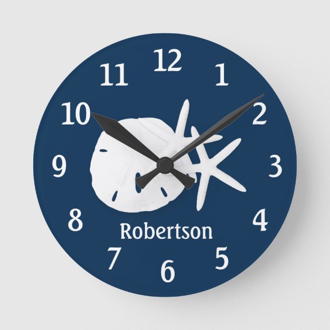 Sand Dollar Starfish Coastal Navy Blue Personalize Round Clock (Front)