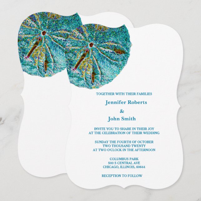Sand Dollar Teal Artsy Beach Nautical Wedding  Invitation (Front/Back)