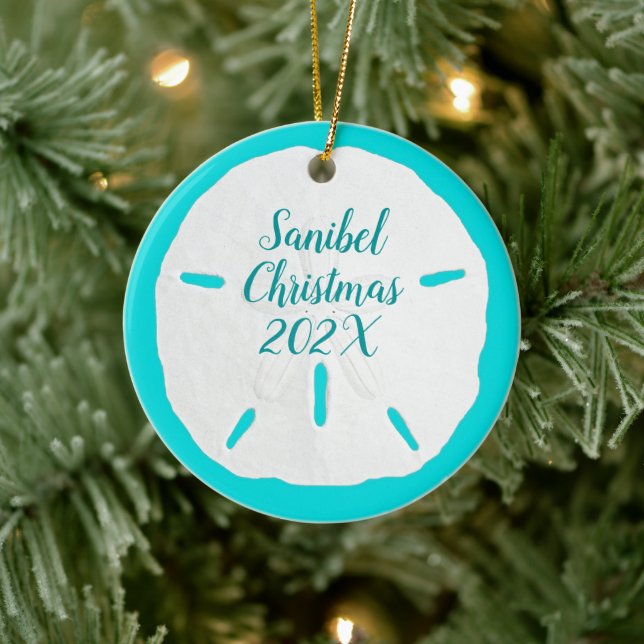 Sand Dollar Turquoise Custom Beach Christmas Ceramic Ornament (Tree)