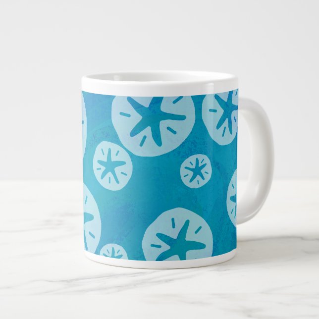 Sand Dollar White and Blue Pattern Giant Coffee Mug (Front Right)
