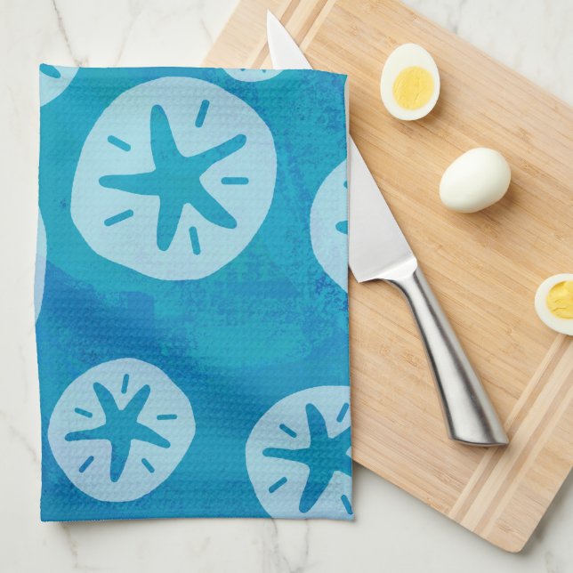 Sand Dollar White and Blue Pattern Kitchen Towel (Quarter Fold)