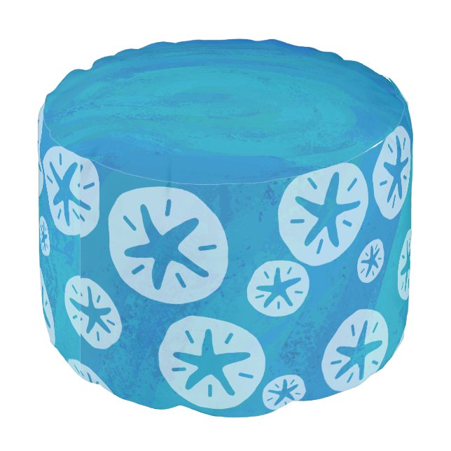 Sand Dollar White and Blue Pattern Pouf (Angled Back)
