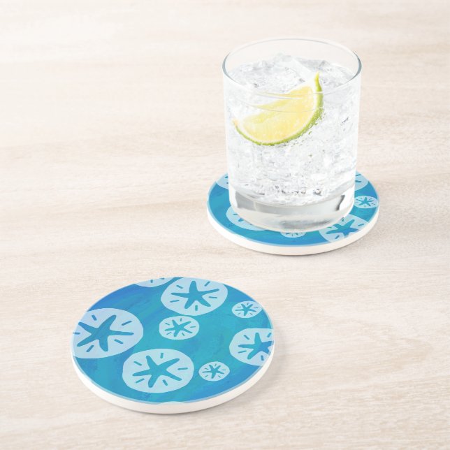Sand Dollar White and Blue Pattern Sandstone Coaster (Side)