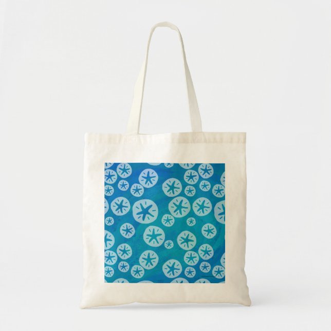 Sand Dollar White and Blue Pattern Tote Bag (Front)