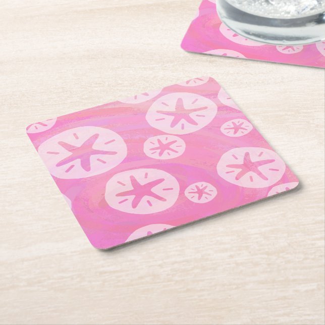 Sand Dollar White and pink Square Paper Coaster (Angled)