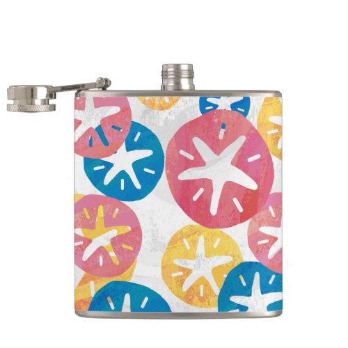 Sand Dollar Yellow Red Blue Pattern Hip Flask