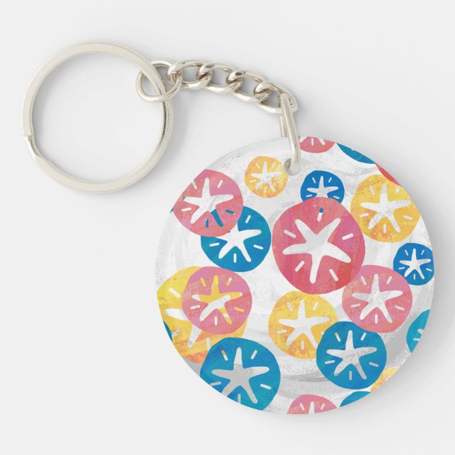 Sand Dollar Yellow Red Blue Pattern Keychain (Front)