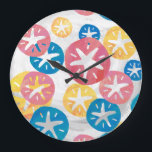 Sand Dollar Yellow Red Blue Pattern Large Clock<br><div class="desc">Trendy Sand Dollar Seamless Pattern in Yellow,  Red,  and Blue features our original design of various size and colors of overlapping sand dollars in a flat graphic style with our signature texture on a textured white background.</div>