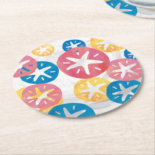 Sand Dollar Yellow Red Blue Pattern Round Paper Coaster