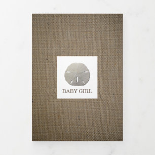 Sand Dollars & Burlap, 4 Photo Collage Baby Birth Tri-Fold Announcement