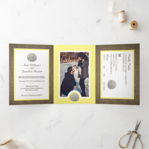 Sand Dollars  Burlap Lemon Beach Wedding Suite Tri_Fold Invitation