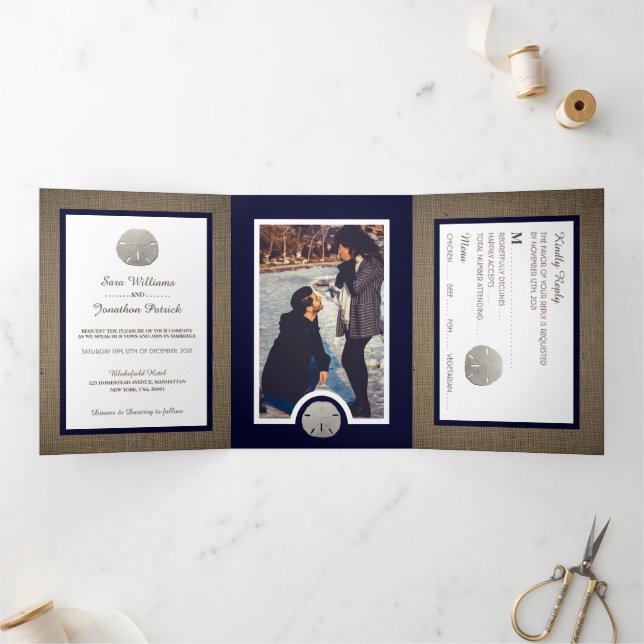 Sand Dollars & Burlap Navy Beach Wedding Suite Tri-Fold Invitation (Inside)