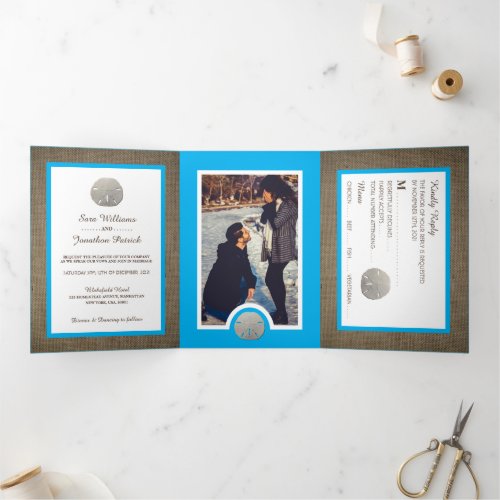 Sand Dollars  Burlap Sky Blue Beach Wedding Suite Tri_Fold Invitation