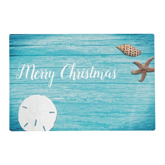Sand Dollars Starfish Blue Beach Wood Placemat (Front)