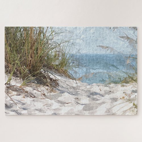 Sand Dunes Beach Ocean Watercolor Art Painting Jigsaw Puzzle