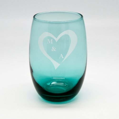 Sand Etched Aqua Heart Stemless Wine Glass
