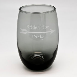 Sand Etched Bride Tribe Smokey Stemless Wine Glass
