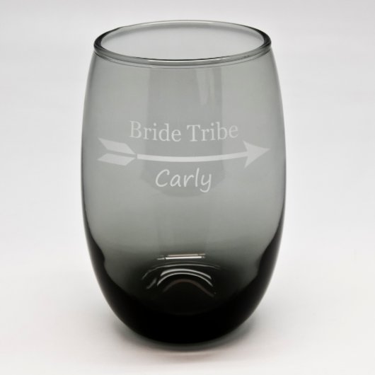 Sand Etched Bride Tribe Smokey Stemless Wine Glass (Front)