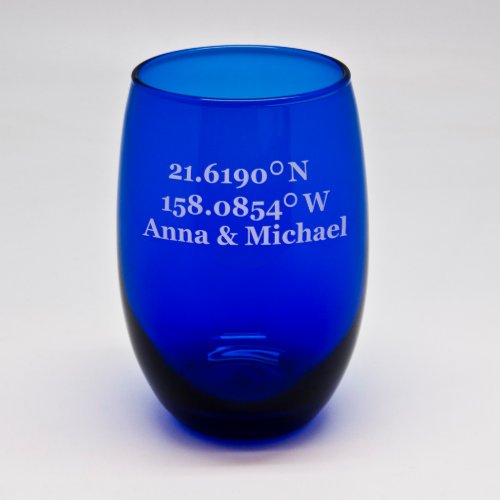 Sand Etched Cobalt Blue Stemless GPS Wine Glass 
