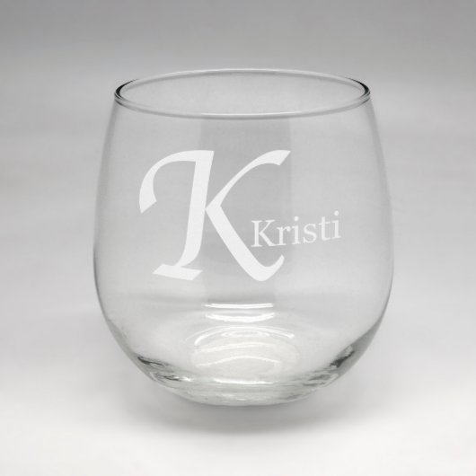 Sand Etched Monogram Clear Stemless Wine Glass (Front)