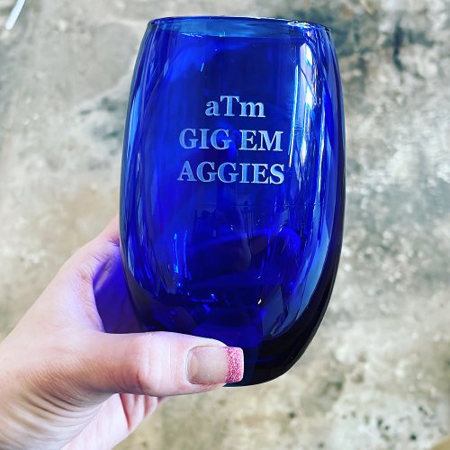 Sand Etched Sapphire Blue Stemless Wine Glass