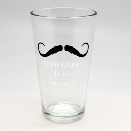 Sand Etched Team Groom Mustache Glass 