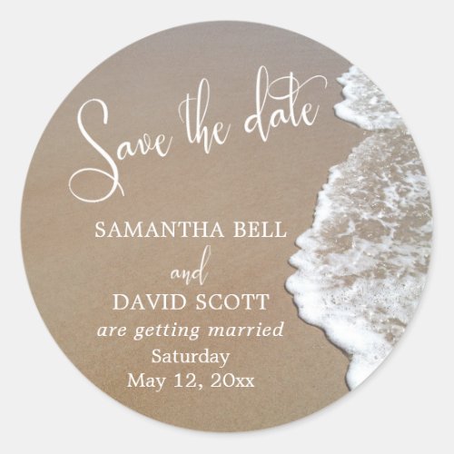 Sand  Foam Beach Photo Save the Date 2 Classic Round Sticker