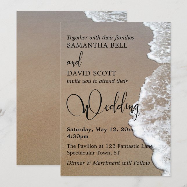 Sand & Foam Beach Photo, Typography Wedding 1 Invitation (Front/Back)