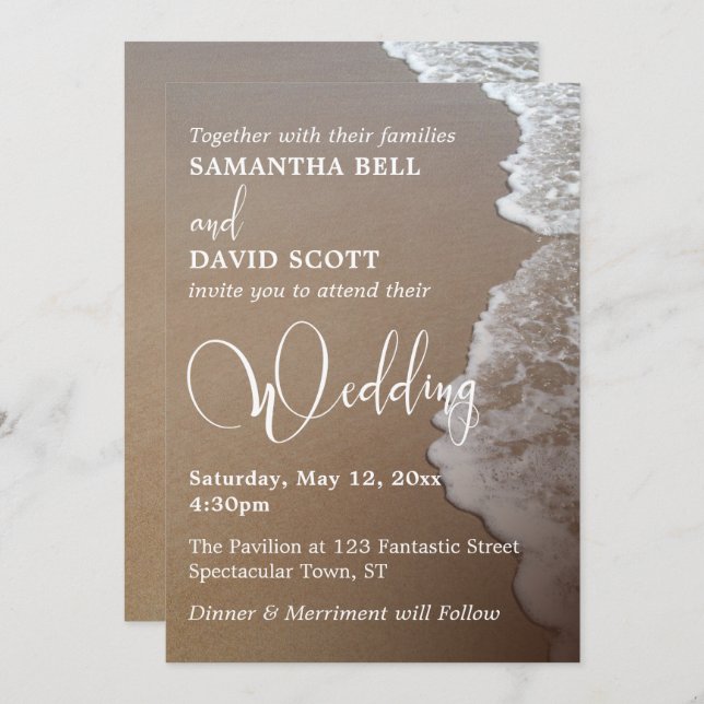 Sand & Foam Beach Photo & Typography Wedding 2 Invitation (Front/Back)